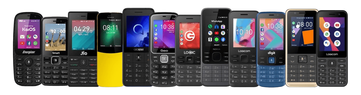A row of KaiOS feature phones and smartphones running SHEQONOMI