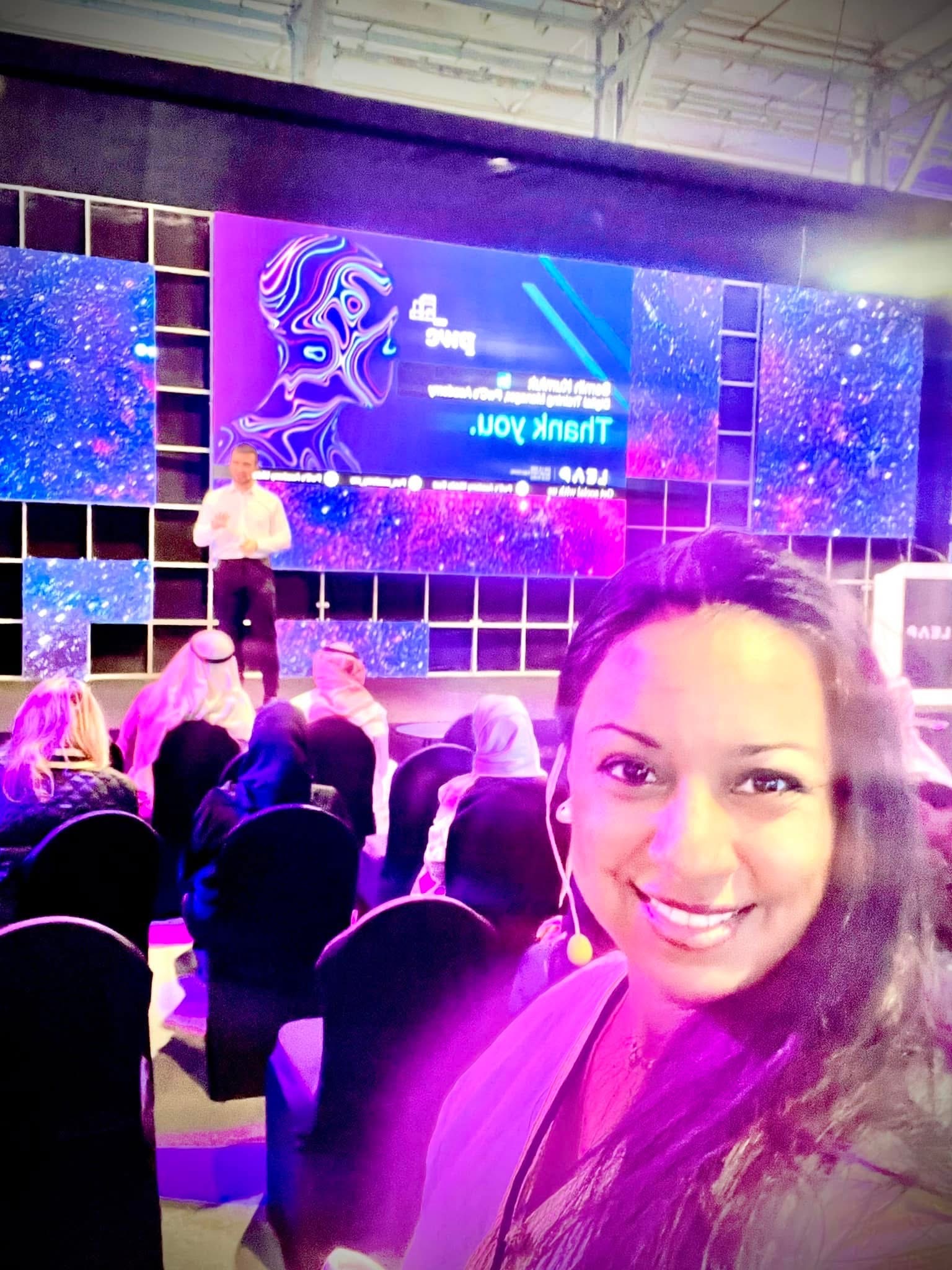 Anu Bhardwaj selfie from the LEAP Summit audience — LEAP stage with "Thank You" displayed on the LED screen · Riyadh Front Expo Centre, February 2022
