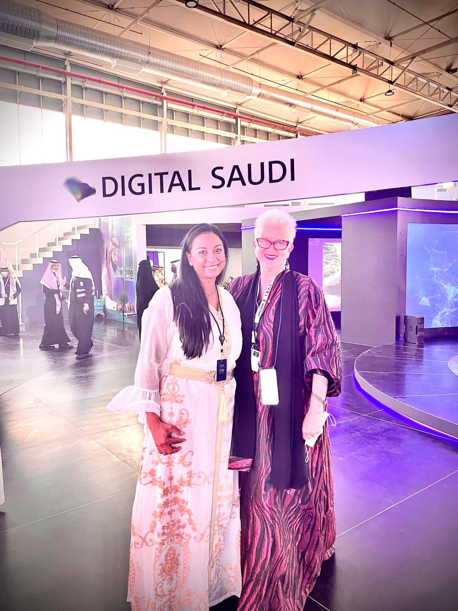 Anu Bhardwaj at the Digital Saudi pavilion with a fellow delegate · LEAP Summit, Riyadh Front Expo Centre, February 2022