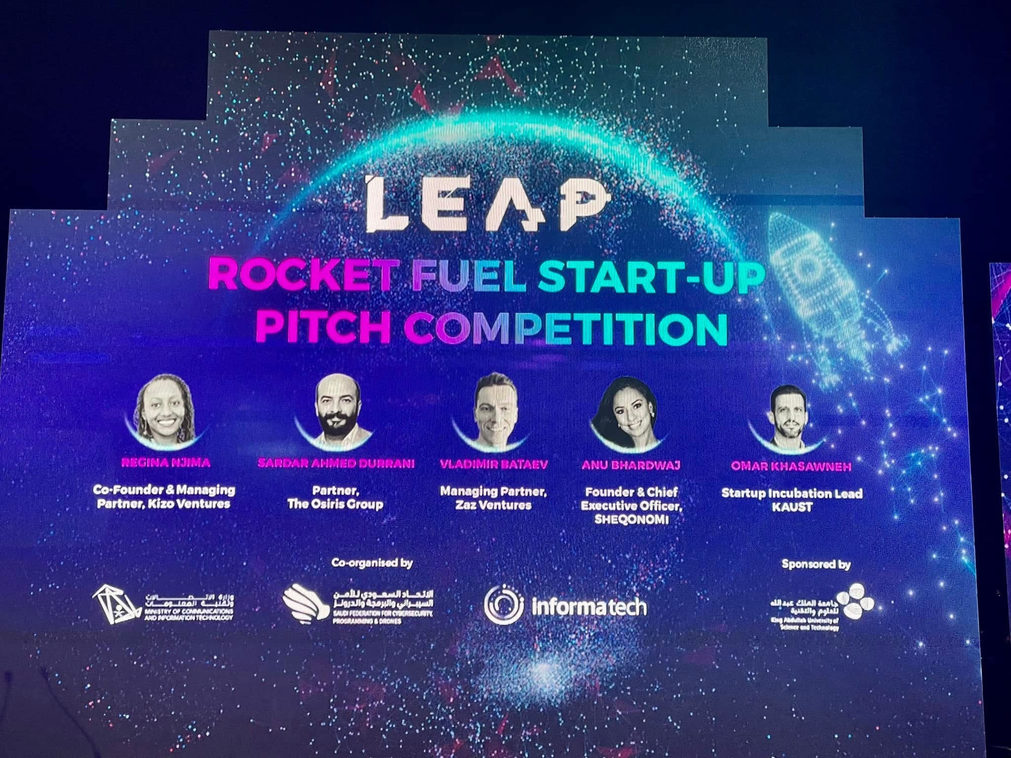 LEAP Rocket Fuel Start-Up Pitch Competition — Judges Panel: Regina Njima (Co-Founder & Managing Partner, Kizo Ventures), Sardar Ahmed Durrani (Partner, The Osiris Group), Vladimir Bataev (Managing Partner, Zaz Ventures), Anu Bhardwaj (Founder & Chief Executive Officer, SHEQONOMI), Omar Khasawneh (Startup Incubation Lead, KAUST) · LEAP Summit, Riyadh, February 2022
