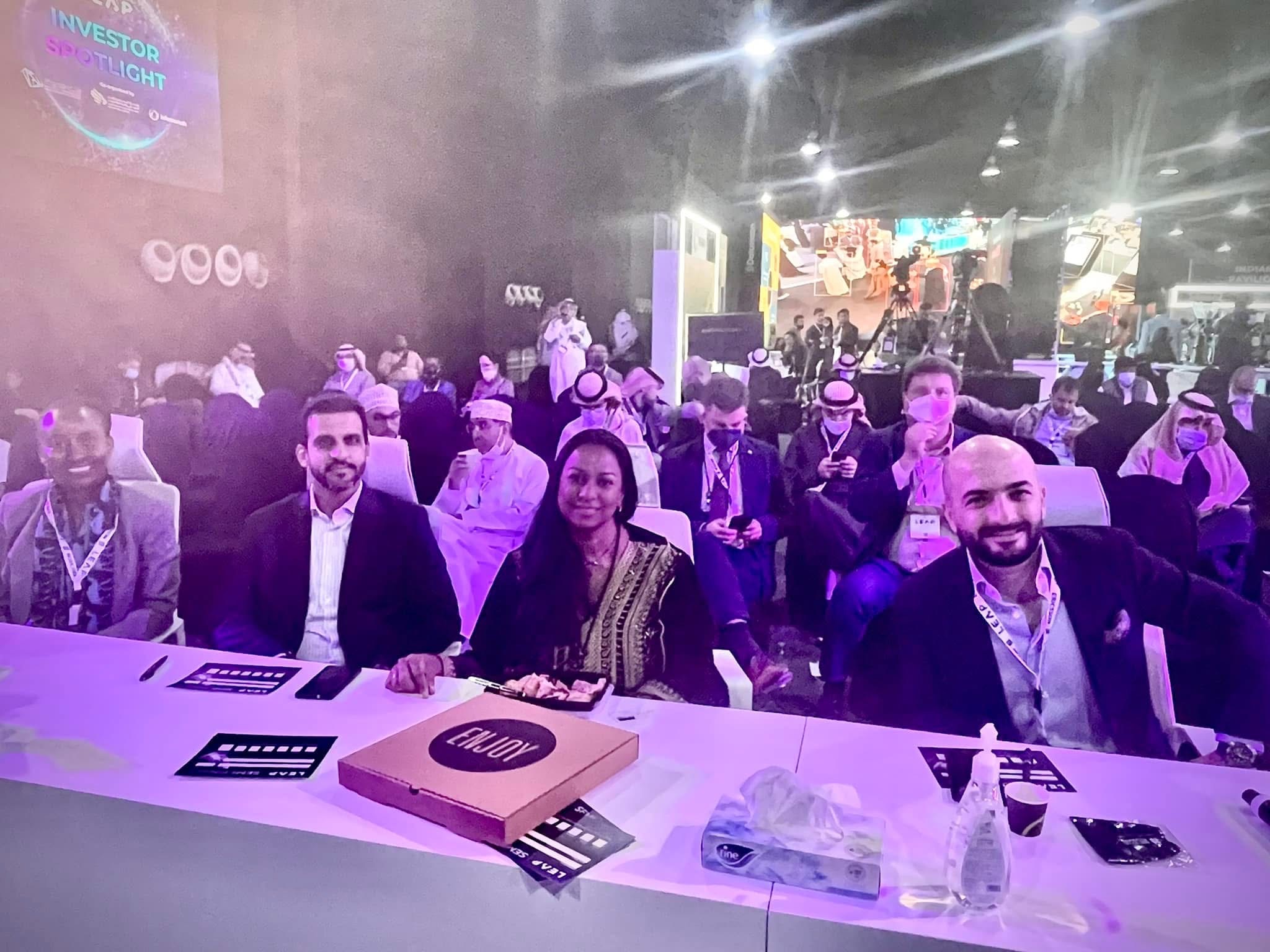 Anu Bhardwaj seated at the LEAP Investor Spotlight panel — front row with fellow delegates · LEAP Summit, Riyadh Front Expo Centre, February 2022