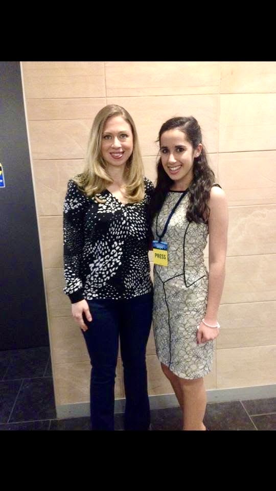 Michelle Jaffee with Chelsea Clinton — Clinton Global Initiative University (CGI-U), Arizona State University, Scottsdale, Arizona, March 2014. Michelle Jaffee (right, PRESS badge) co-hosted Women Investing in Women & Girls on VoiceAmerica Kids at CGI-U.