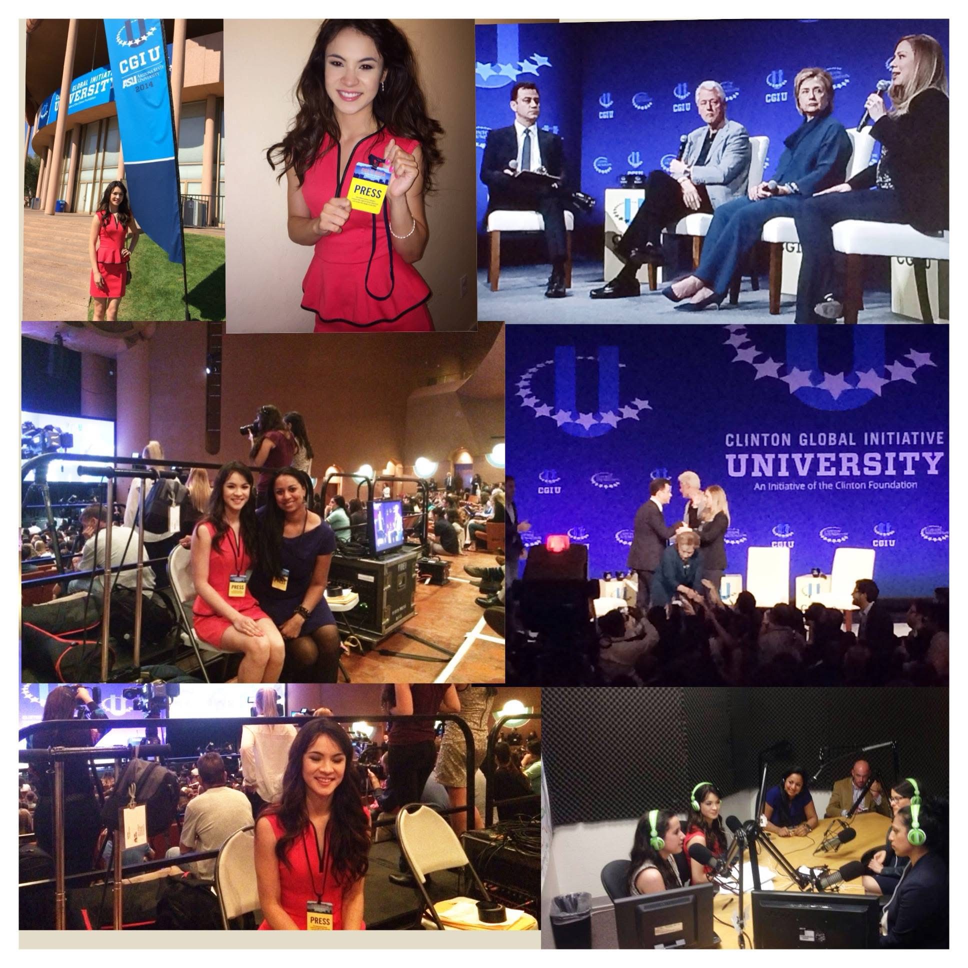 CGI-U 2014 collage — Clinton Global Initiative University at Arizona State University, Scottsdale, March 2014. Featuring: CGI-U signage, Maddie Rose Holler, President Bill Clinton & Secretary Hillary Clinton on the CGI-U main stage, Anu Bhardwaj in the broadcast media area, VoiceAmerica Kids studio session with green headphones, and the Clinton Global Initiative University banner.