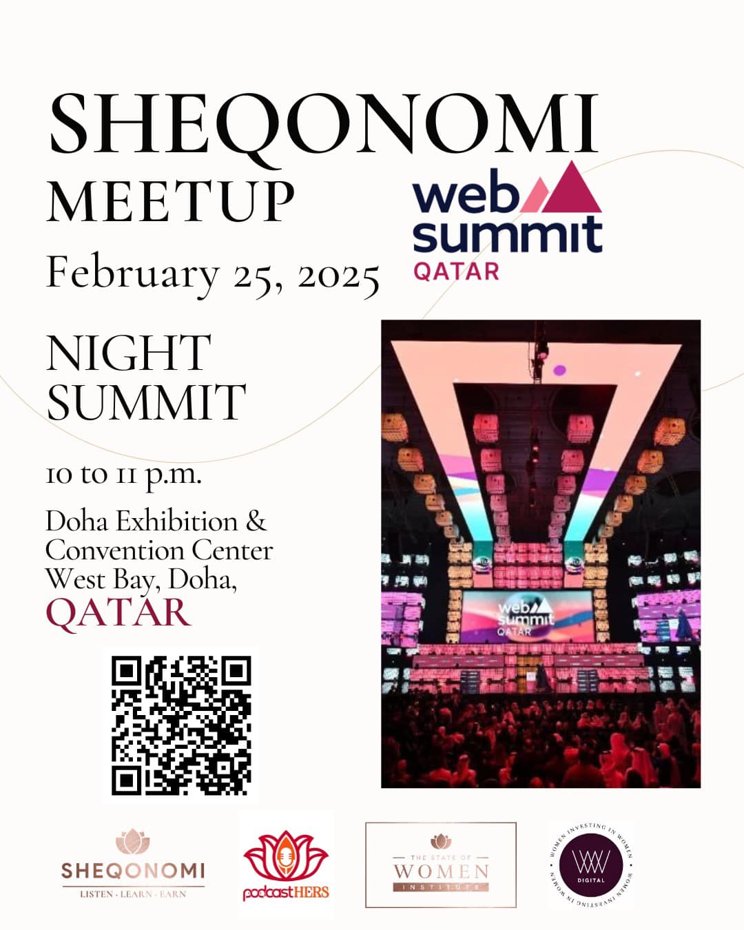 SHEQONOMI Meetup at Web Summit Qatar 2025 — Night Summit, Doha