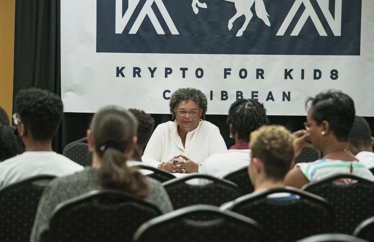 Her Excellency Prime Minister Mia Amor Mottley of Barbados addresses students and delegates at Blockchain on the Beach Barbados — Krypto for Kids Caribbean Launch, University of the West Indies Cave Hill Campus, October 2022.