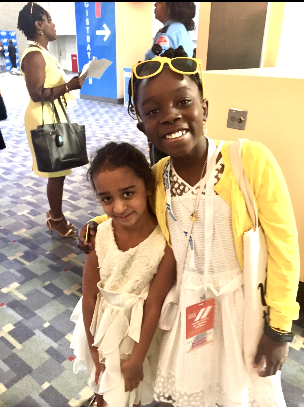 Arya Bhardwaj with a friend in yellow sunglasses — The United State of Women Summit, 2016