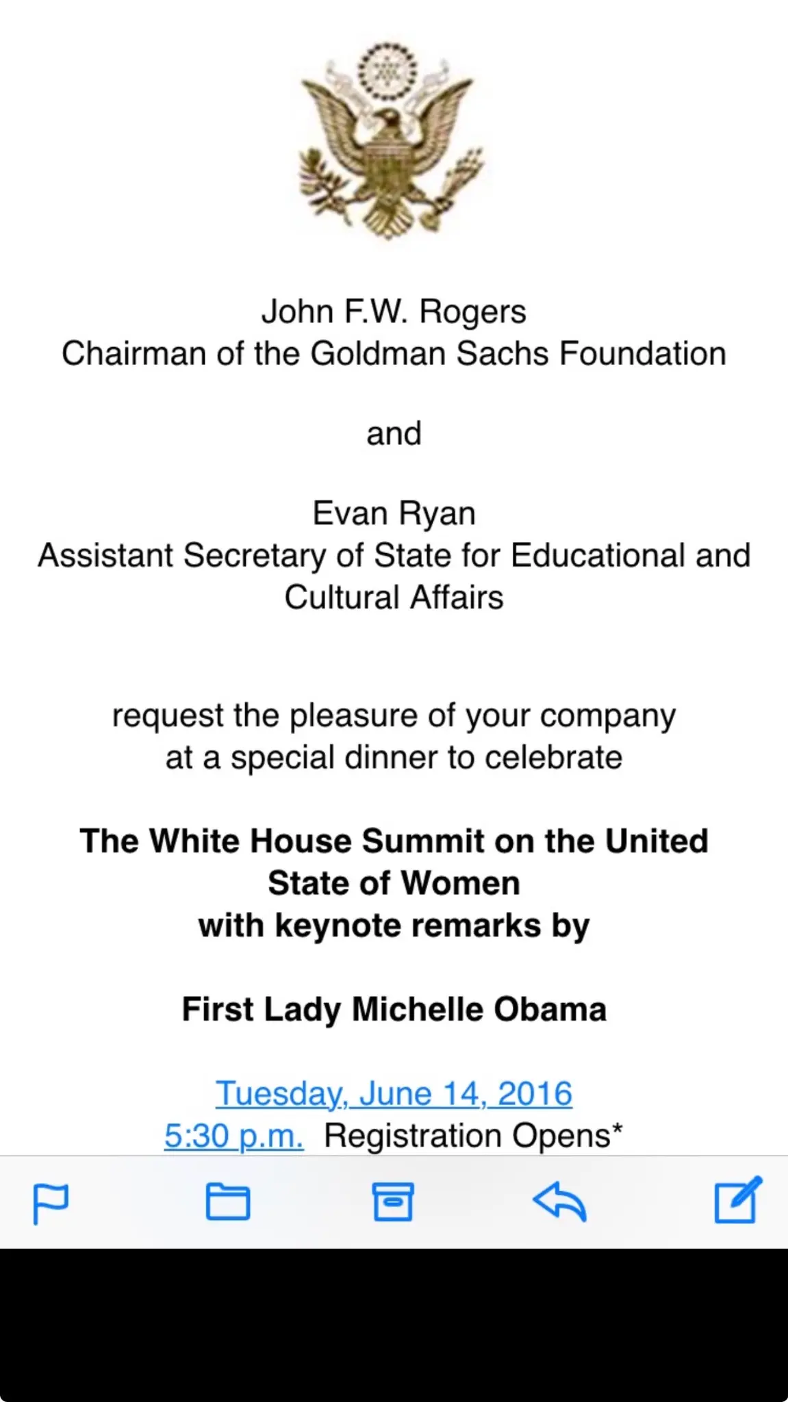 White House invitation from the Goldman Sachs Foundation — The United State of Women Summit, June 14, 2016