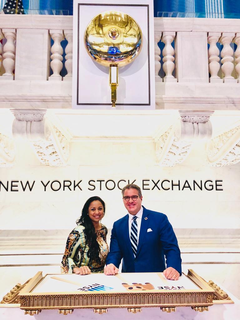 Anu Bhardwaj at the New York Stock Exchange bell podium — June 4, 2019