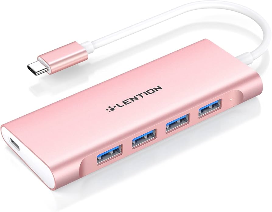 LENTION Rose Gold USB-C Hub — 4× USB 3.0 + Charging